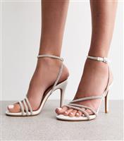 Women's White Diamant Embellished Triple Strap Stiletto Sandals New Look