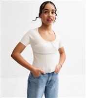 Girls' White Pointelle Panel Bow Detail Top New Look