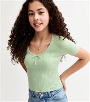 Girls' Mint Green Pointelle Panel Bow Detail Top New Look