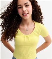 Girls' Light Yellow Pointelle Panel Bow Detail Top New Look