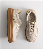 Women's Cream Contrast Trim Leather Look Lace Up Trainers New Look