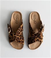 Women's Wide Fit Stone Faux Suede Leopard Print Crossover Strap Sandals New Look