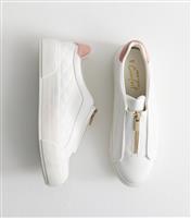 Women's White Faux Leather Quilted Zip Front Trainers New Look