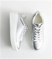 Women's Silver Faux Leather Wedge Trainers New Look