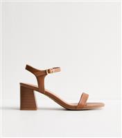 Women's Tan Brown Faux Leather Block Heel Sandals Vegan New Look