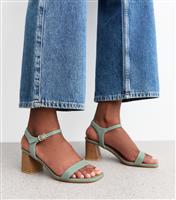 Women's Blue Faux Leather Block Heel Sandals Vegan New Look