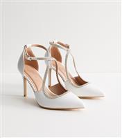 Women's Wide Fit White Faux Leather Diamante Embellished Open Court Shoes Vegan New Look