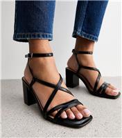 Women's Black Faux Leather Block Heel Multi Strap Sandals Vegan New Look