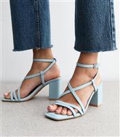 Women's Light Blue Faux Leather Block Heel Multi Strap Sandals Vegan New Look