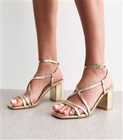 Women's Gold Faux Leather Block Heel Multi Strap Sandals Vegan New Look