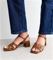 Women's Tan Woven Strap Heeled Faux Leather Sandals Vegan New Look