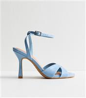 Women's Blue Patent Faux Leather Cross Strap Stiletto Heel Sandals Vegan New Look