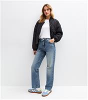 Women's Blue Ripped Straight Leg Jeans New Look