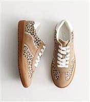 Women's Stone Leopard Print Panelled Low Top Trainers New Look
