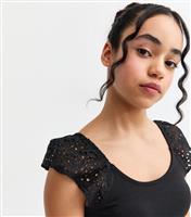 Girls' Black Broderie Anglaise Vest New Look