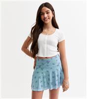Girls' Blue Mesh Floral Print Two Tier Mini Skirt New Look