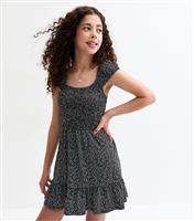 Girls' Black Floral Print Shirred Mini Dress New Look