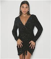Women's Black Sequin Wrap Mini Dress WKNDGIRL New Look
