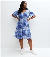 Women's Plus Size Navy Floral Print Shirred Midi Shirt Dress Curves Blue Vanilla New Look