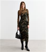 Women's Brown Leopard Print Exposed Seam Mesh Midi Dress New Look