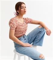 Girls' Red Ruched Front Floral Print Crop Top New Look
