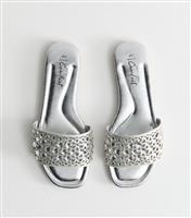 Women's Wide Fit Silver Faux Leather Diamante Embellished Sandals Vegan New Look