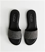 Women's Black Faux Leather Raffia Strap Sandals Vegan New Look