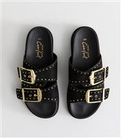 Women's Black Faux Leather Studded Buckled Strap Sandals Vegan New Look