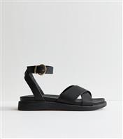 Women's Wide Fit Black Faux Leather Crossover Strap Sandals Vegan New Look