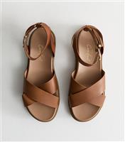 Women's Wide Fit Brown Faux Leather Crossover Strap Sandals New Look