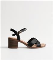 Women's Black Faux Leather Block Heel Sandals Vegan New Look