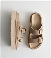 Women's Light Brown Faux Leather Flatform Sandals Vegan New Look