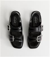 Women's Black Faux Leather Contrast Stitch Slingback Sandals Vegan New Look