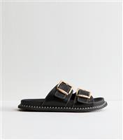 Women's Black Faux Leather Whipstitched Sole Sandals Vegan New Look