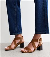 Women's Wide Fit Tan Faux Leather Crossover Strap Heeled Sandals Vegan New Look