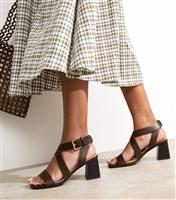 Women's Wide Fit Dark Brown Faux Leather Crossover Strap Sandals Vegan New Look