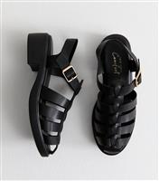 Women's Black Faux Leather Fisherman Sandals Vegan New Look