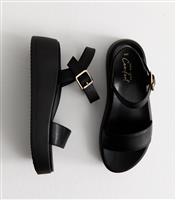 Women's Black Grained Faux Leather Flatform Sandals Vegan New Look