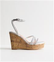 Women's Silver Diamant Strap Wedge Sandals Vegan New Look
