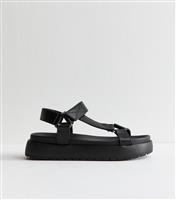 Women's Black Faux Leather Harness Strap Platform Sandals Vegan New Look