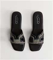 Women's Black Raffia And Faux Leather Sandals Vegan New Look