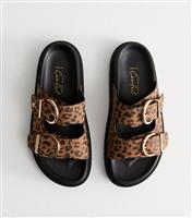 Women's Wide Fit Stone Faux Leather Leopard Print Buckle Strap Sandals Vegan New Look