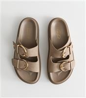 Women's Wide Fit Brown Faux Leather Buckle Strap Sandals Vegan New Look