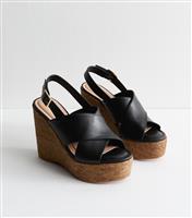 Women's Black Faux Leather Cork Wedge Sandals Vegan New Look