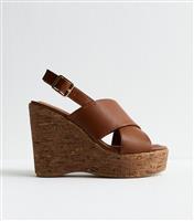 Women's Brown Faux Leather Cork Wedge Sandals Vegan New Look