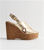 Women's Gold Faux Leather Cork Wedge Sandals Vegan New Look