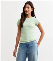Women's Light Green Ribbed Lettuce Trim T-Shirt New Look