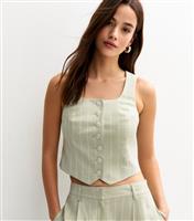 Women's Green Striped Button Front Scoop Neck Waistcoat New Look