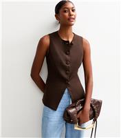 Women's Brown Crew Neck Linen Blend Waistcoat New Look