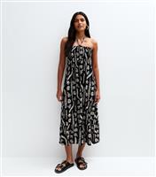 Women's Black Shirred Printed Bandeau Dress Blue Vanilla New Look